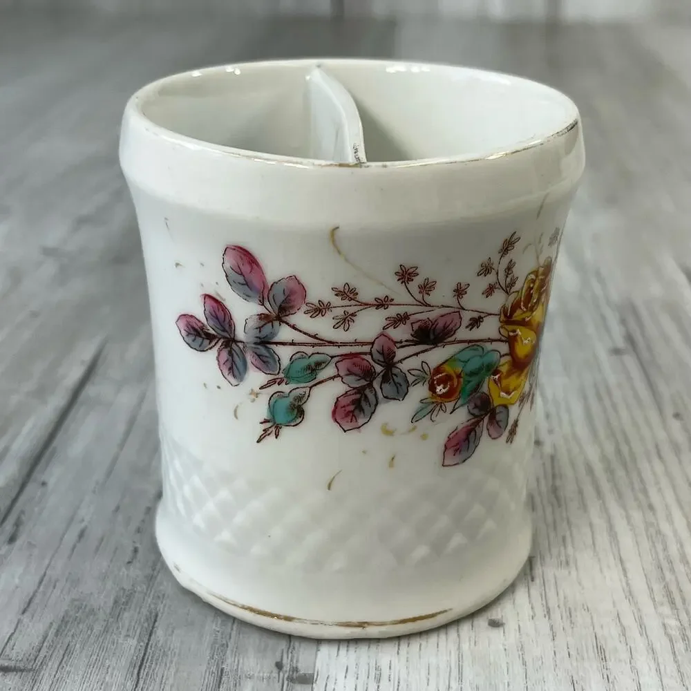 Vintage Textured White Multicolor Floral Accent Gold Trim Shaving Mug Cup Decor